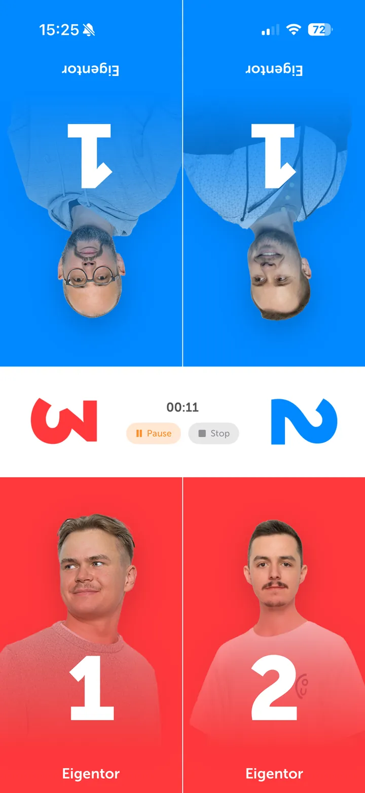 Laufendes Spiel in der App: Team Rot führt 3:2 gegen Team Blau, jede Person mit Foto und eigener Torzahl.