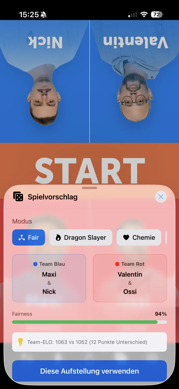 Spielvorschlag in der App: Modus Fair, Team Blau gegen Team Rot, 94 Prozent Fairness.